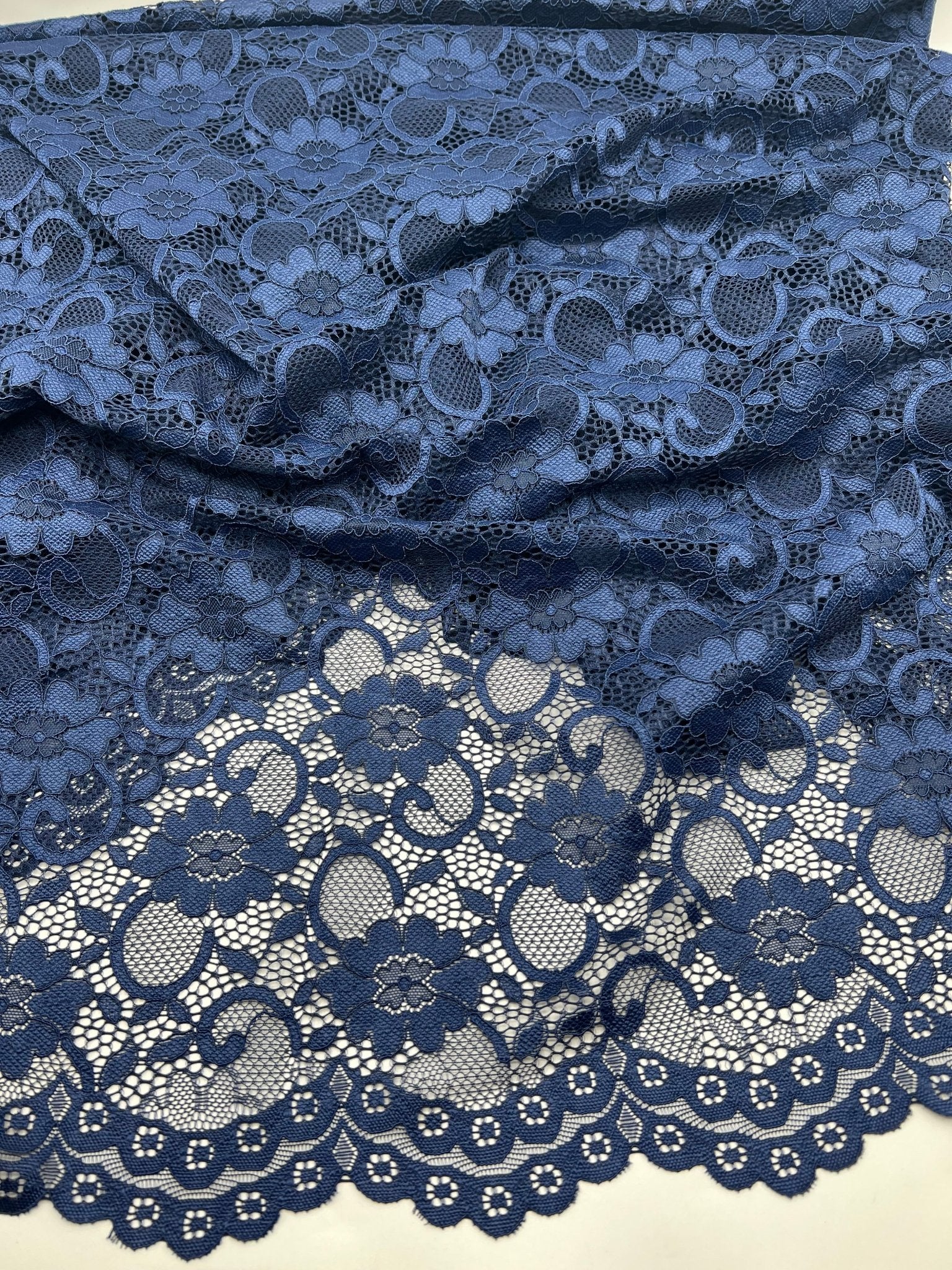 Navy Flower Scalloped Edge Floral Lace Fabric Stretch - T9 Fabrics